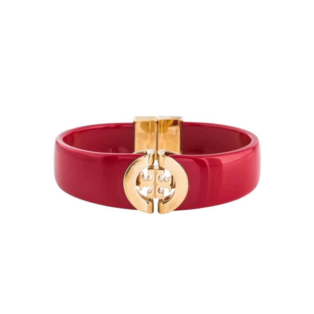 NWOT TORY BURCH Logo Hinged Bracelet In Red With Gold Tone.